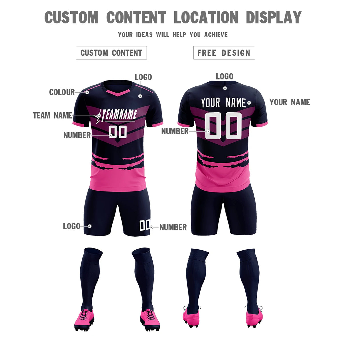 Custom Navy Pink Men Uniform Soccer Sets Jersey