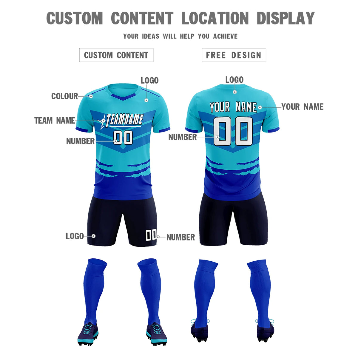 Custom Sky Blue Royal Blue Men Uniform Soccer Sets Jersey