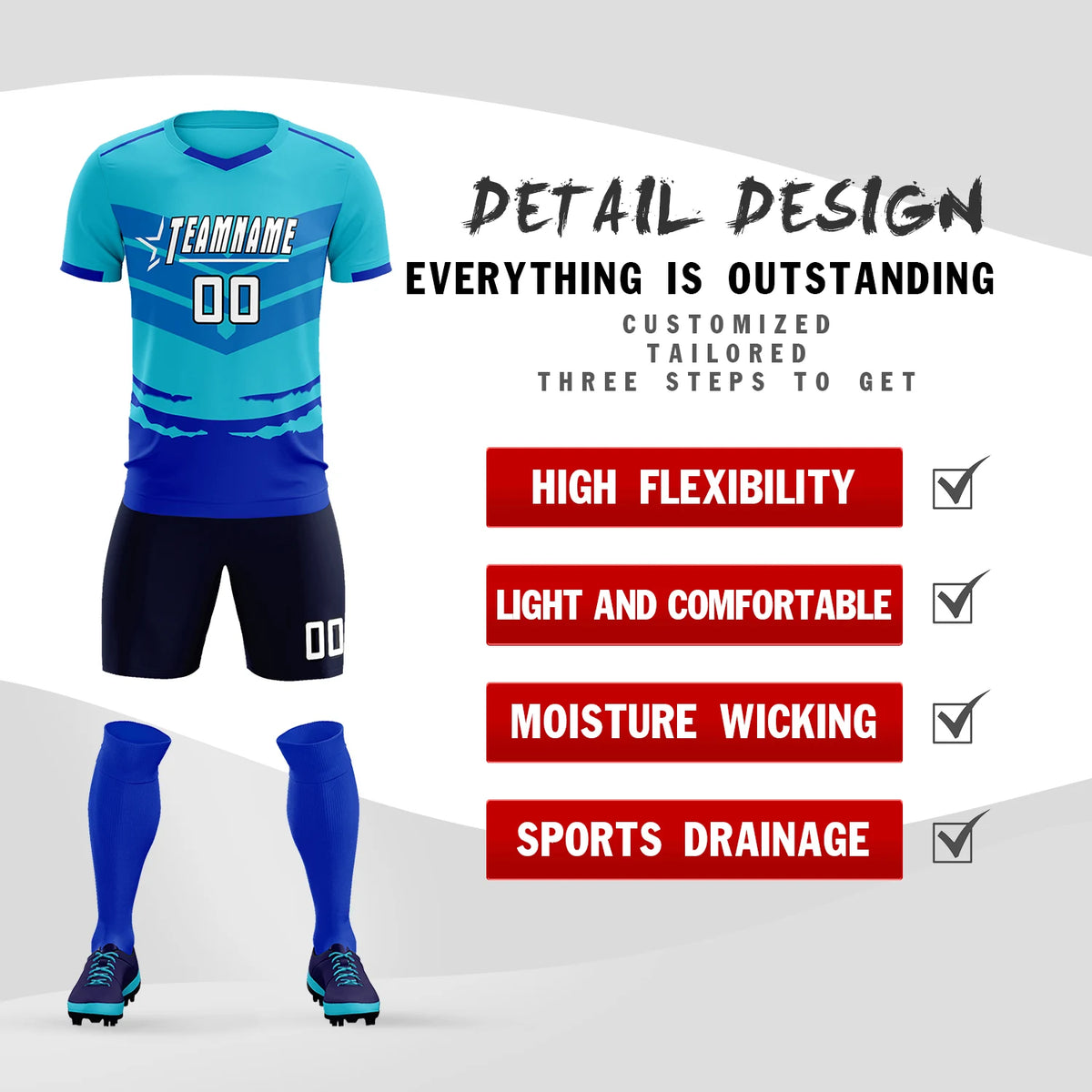 Custom Sky Blue Royal Blue Men Uniform Soccer Sets Jersey