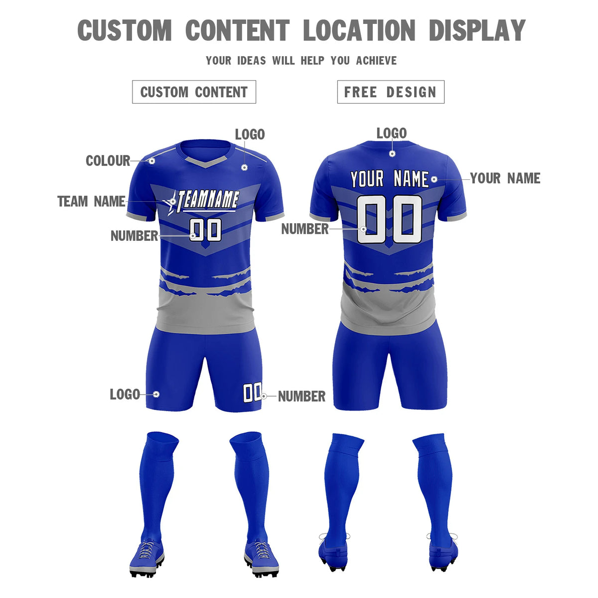 Custom Royal Blue Gray Men Uniform Soccer Sets Jersey