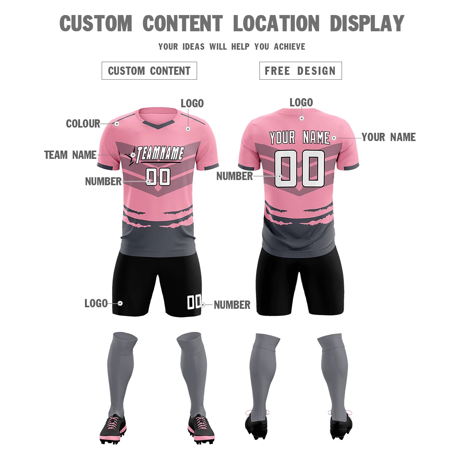 Custom Light Pink Gray Men Uniform Soccer Sets Jersey
