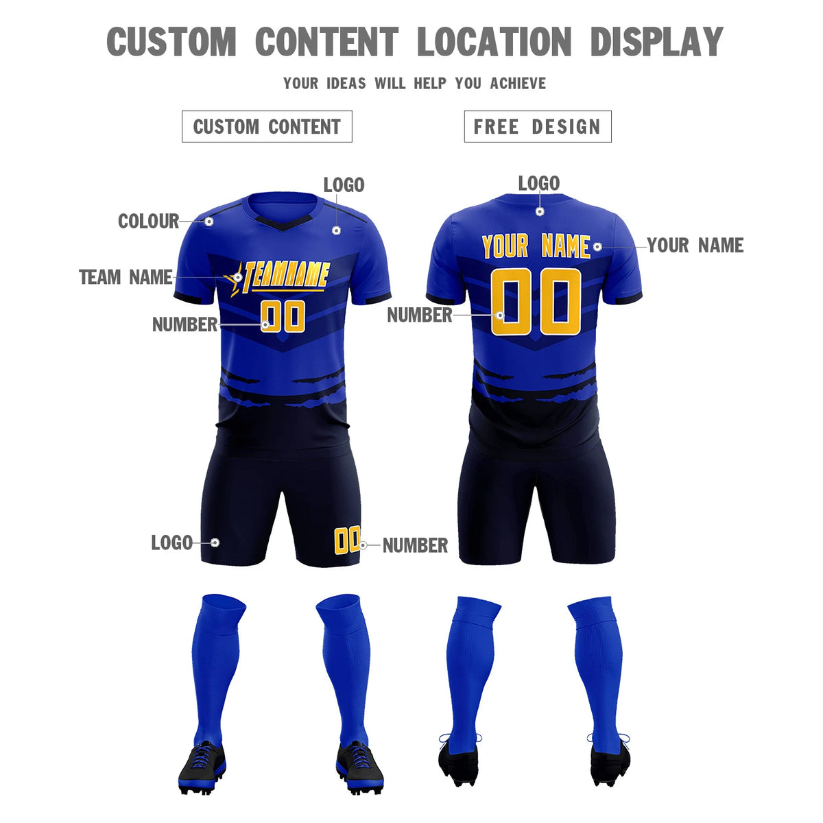 Custom Royal Blue Navy Men Uniform Soccer Sets Jersey