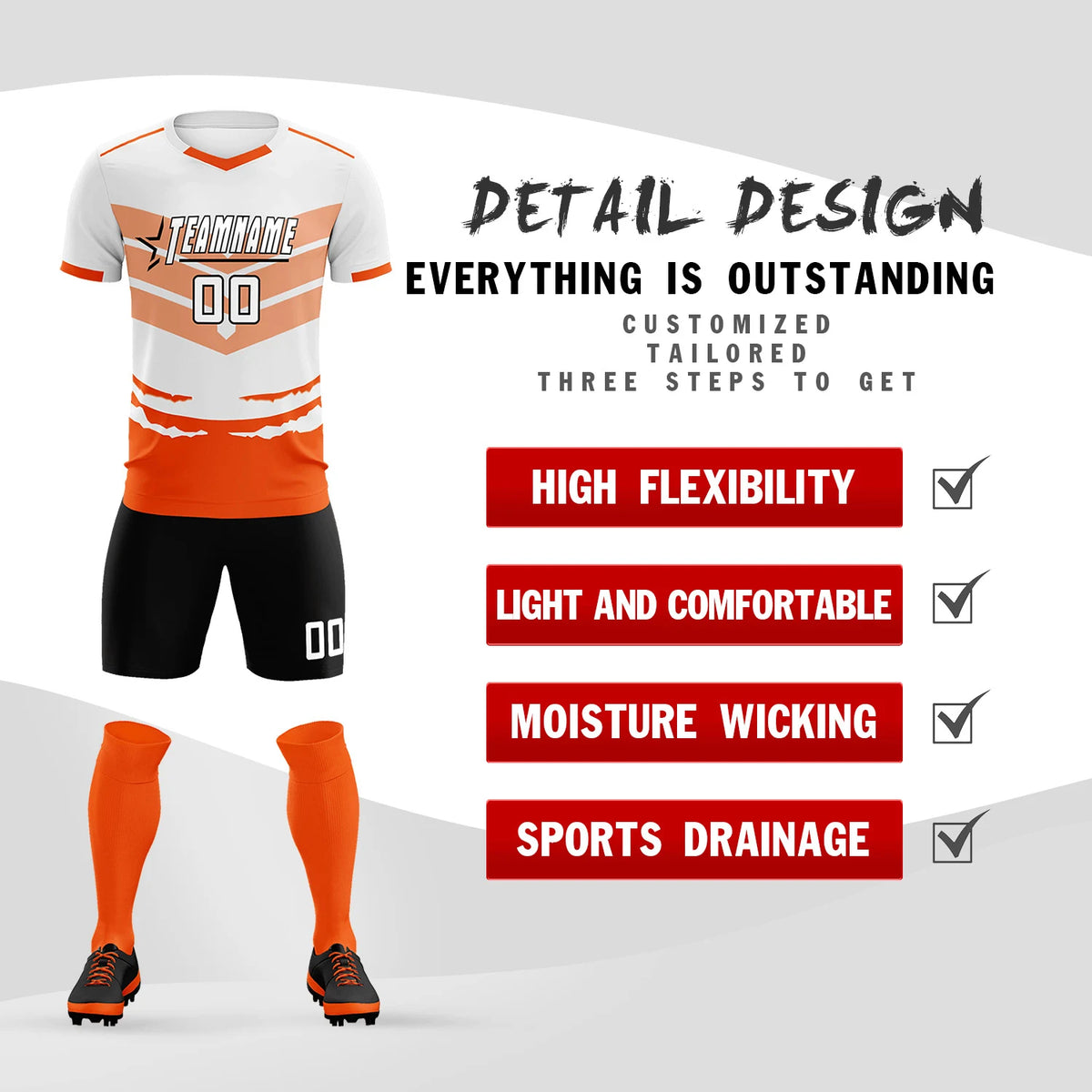 Custom White Orange Men Uniform Soccer Sets Jersey