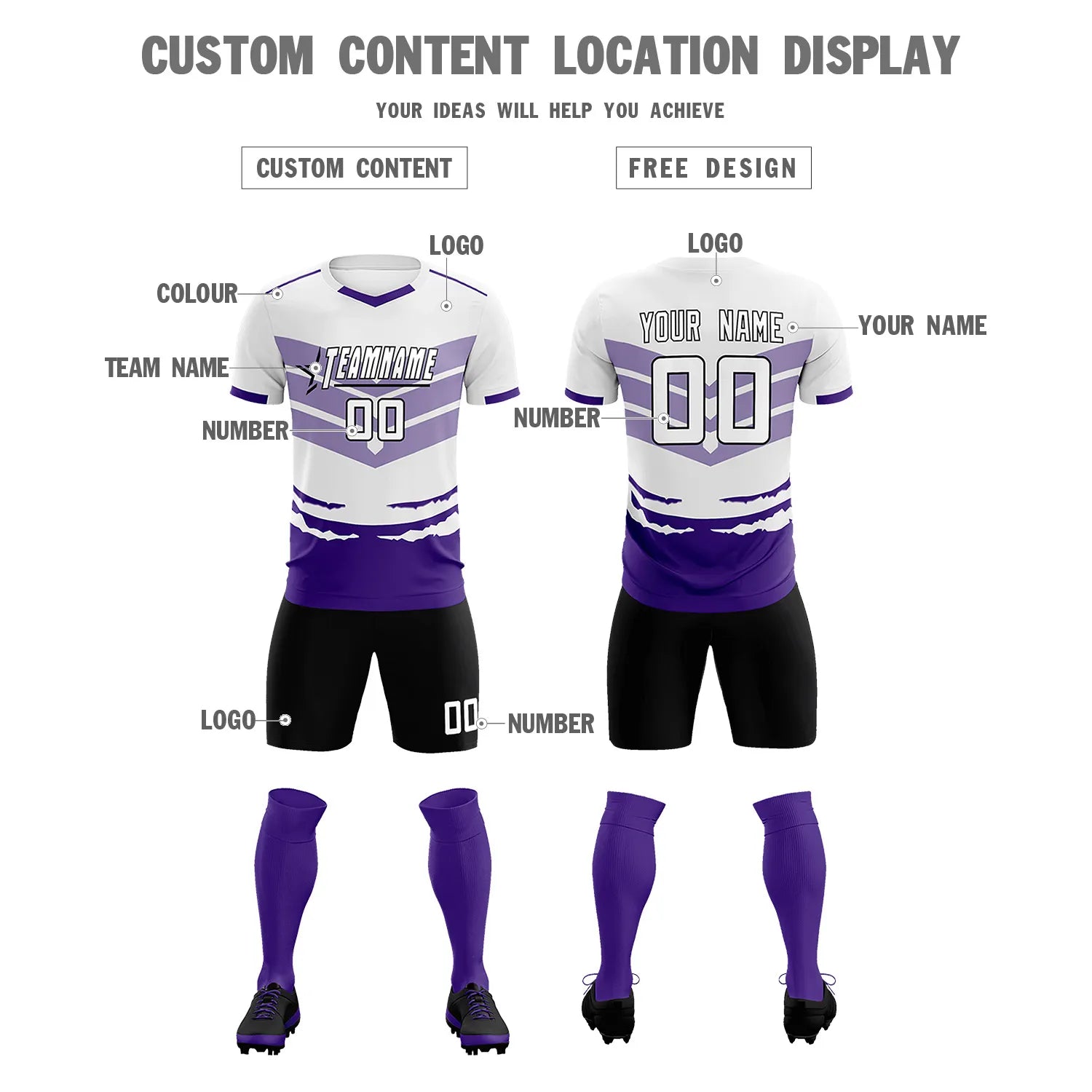 Custom White Purple Men Uniform Soccer Sets Jersey