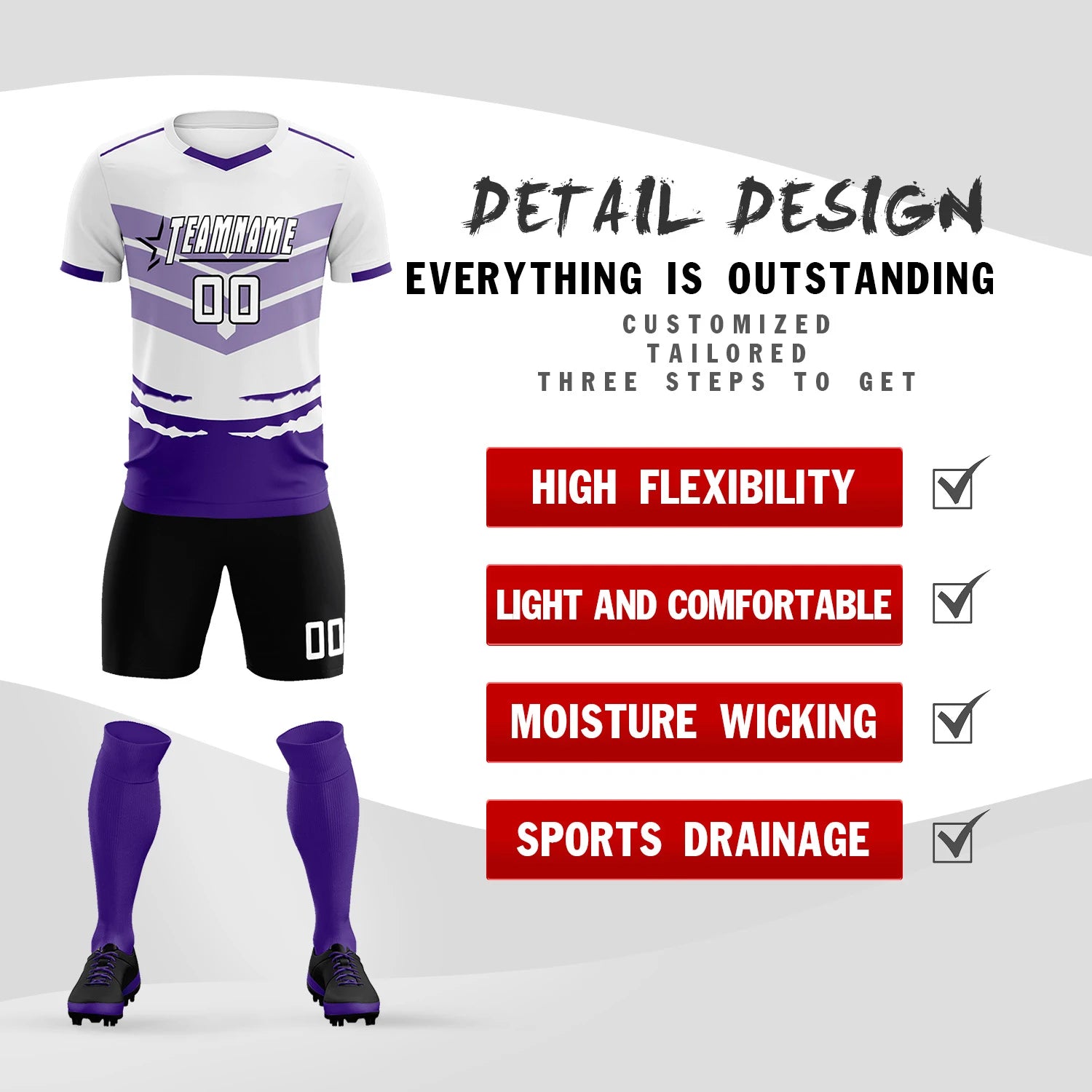 Custom White Purple Men Uniform Soccer Sets Jersey