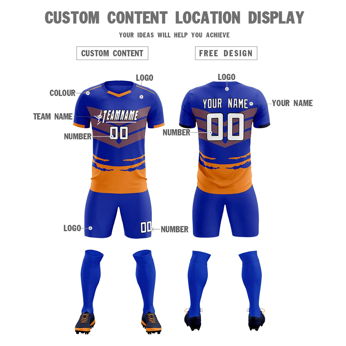 Custom Royal Blue Orange Men Uniform Soccer Sets Jersey