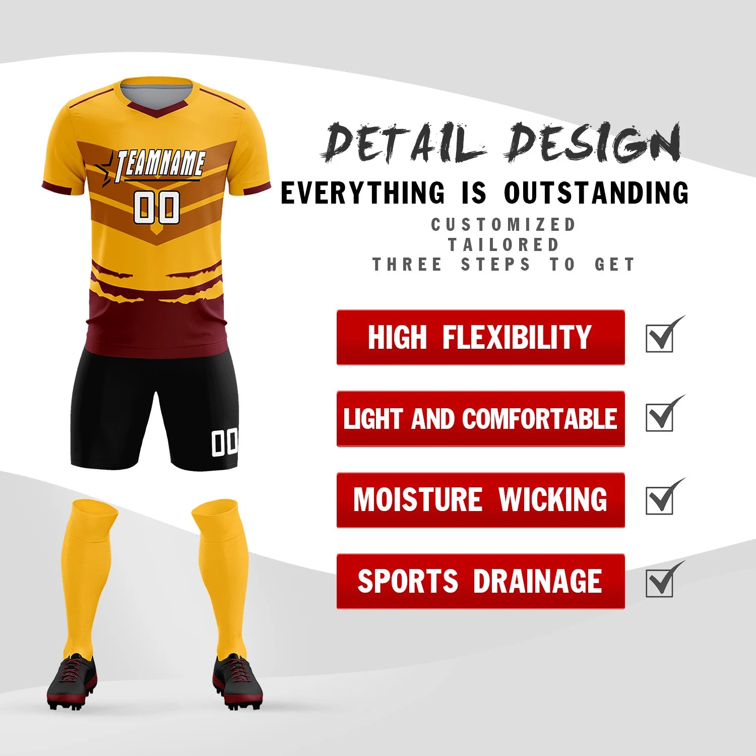 Custom Yellow Crimson Men Uniform Soccer Sets Jersey