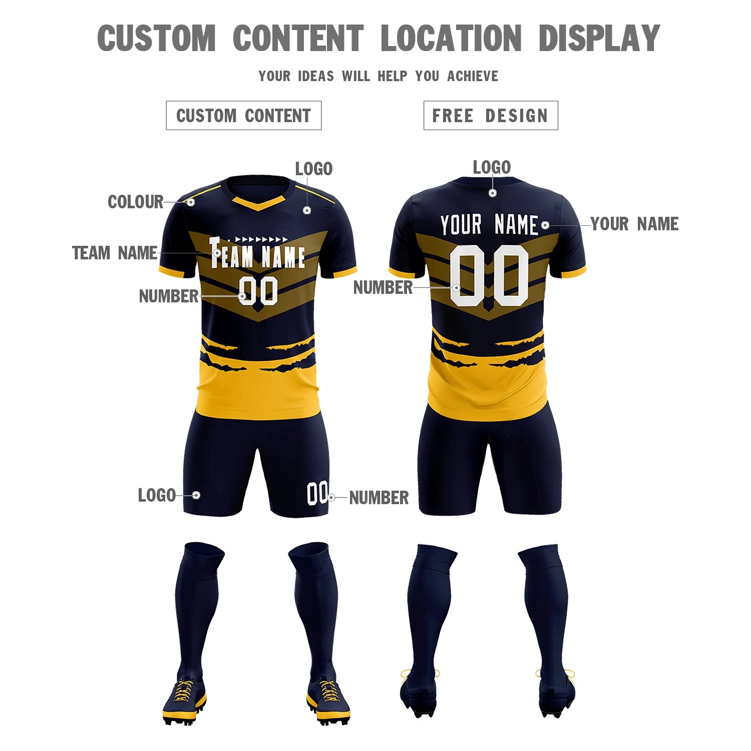 Custom Navy Yellow Men Uniform Soccer Sets Jersey