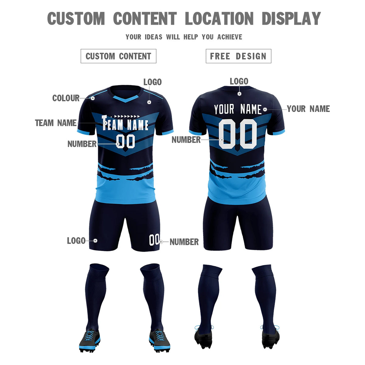 Custom Navy Powder Blue Men Uniform Soccer Sets Jersey