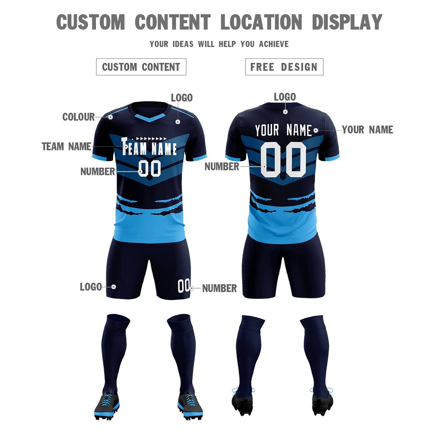 Custom Navy Powder Blue Men Uniform Soccer Sets Jersey