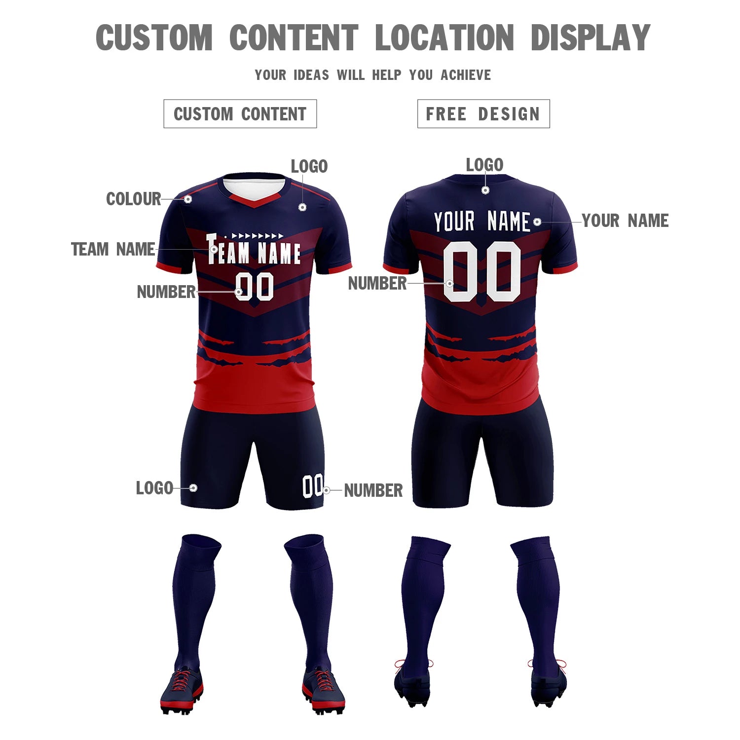 Custom Navy Red Men Uniform Soccer Sets Jersey