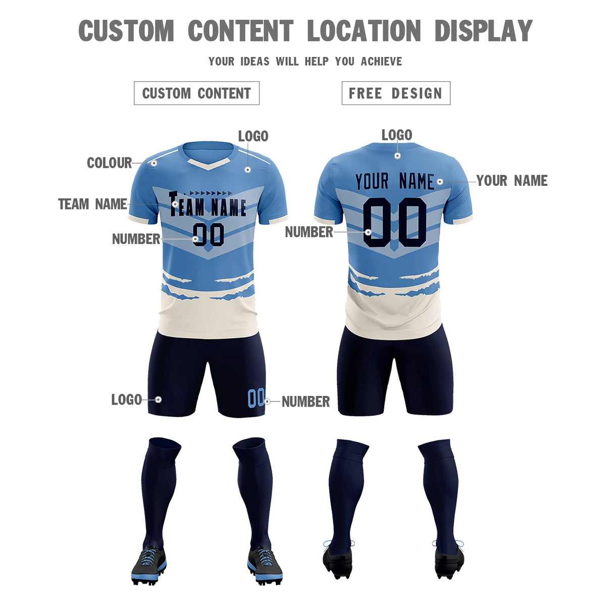 Custom Light Blue Cream Men Uniform Soccer Sets Jersey