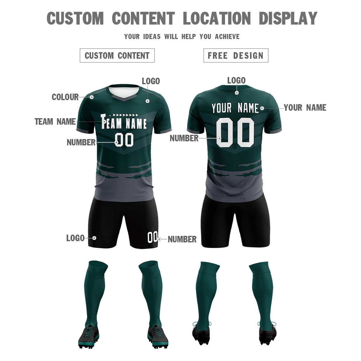 Custom Midnight Green Dark Gray Men Uniform Soccer Sets Jersey