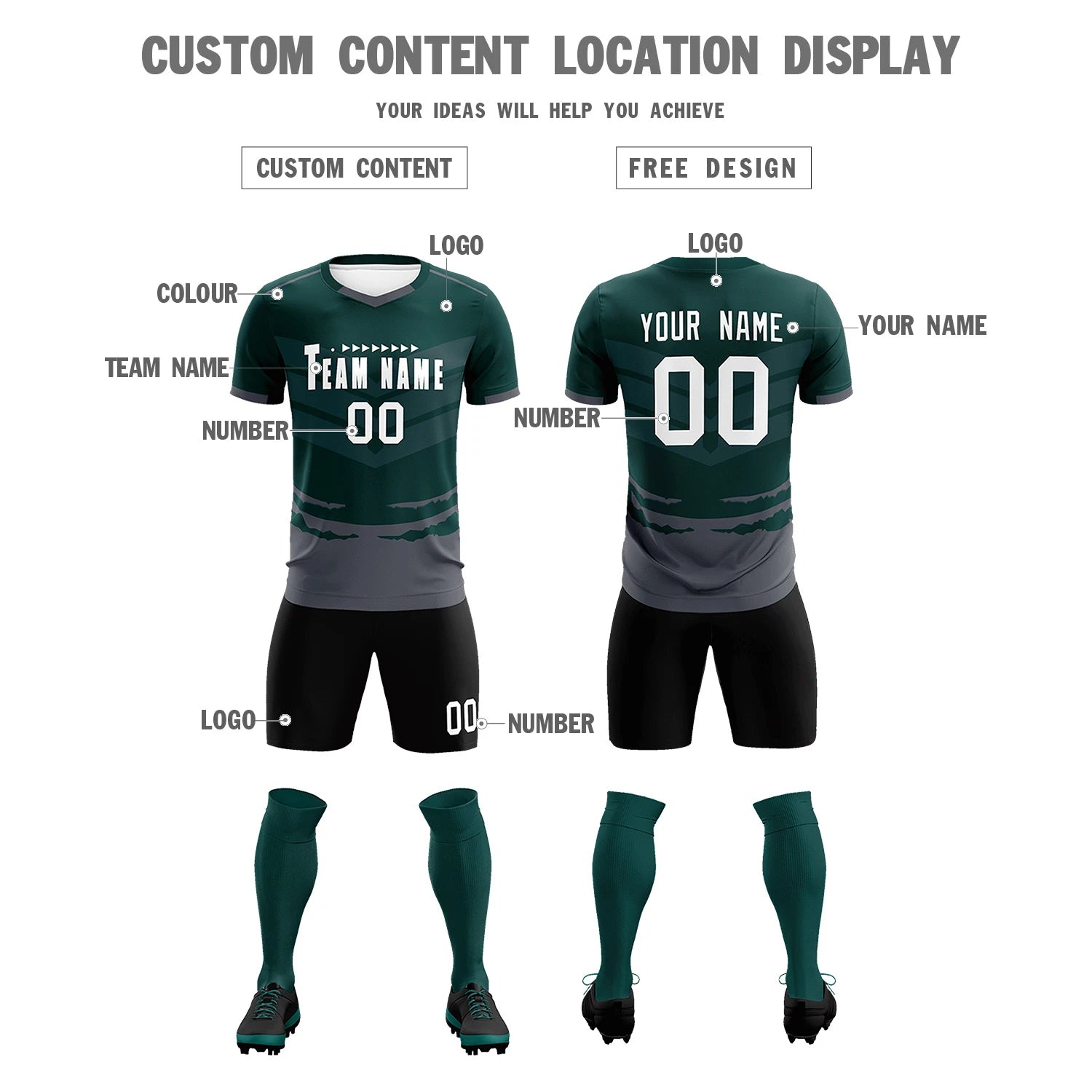 Custom Midnight Green Dark Gray Men Uniform Soccer Sets Jersey