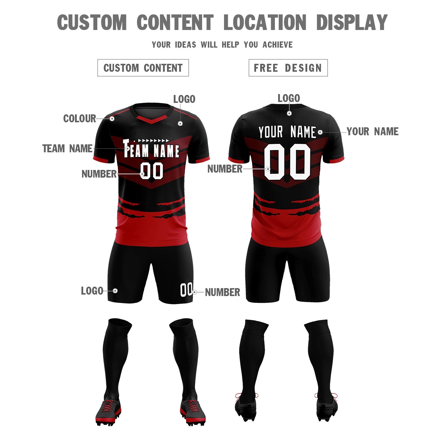 Custom Black Red Men Uniform Soccer Sets Jersey