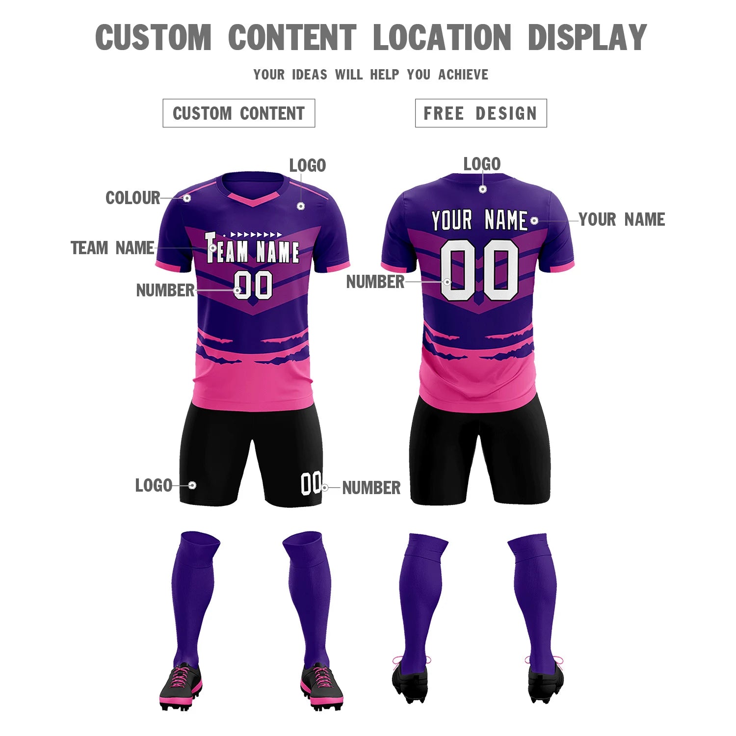 Custom Purple Pink Men Uniform Soccer Sets Jersey