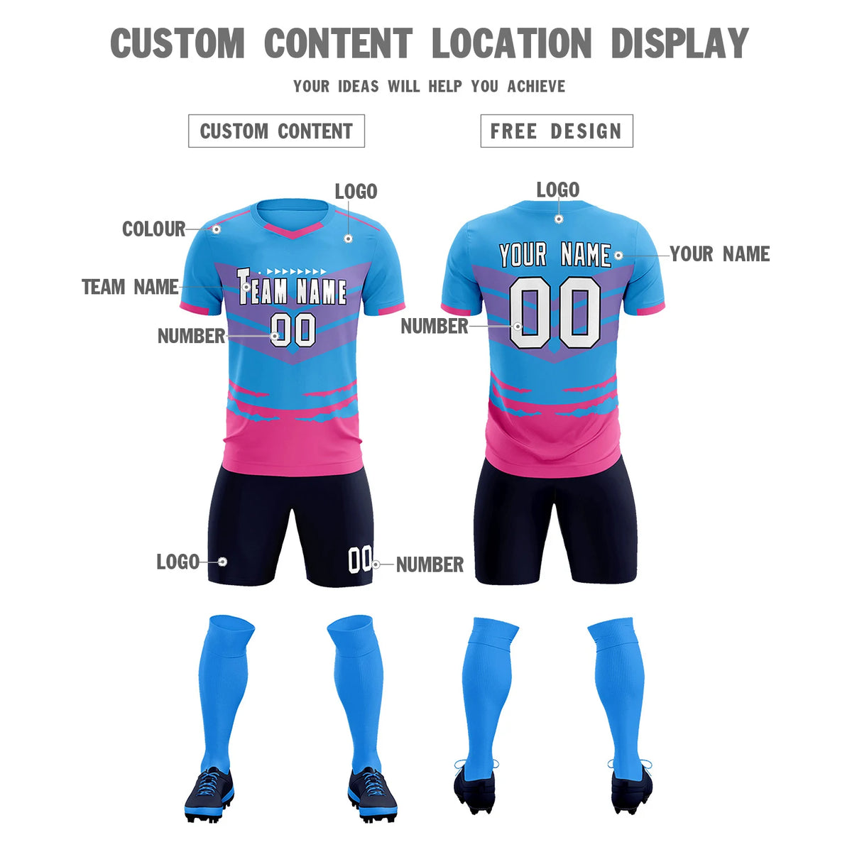 Custom Powder Blue Pink Men Uniform Soccer Sets Jersey