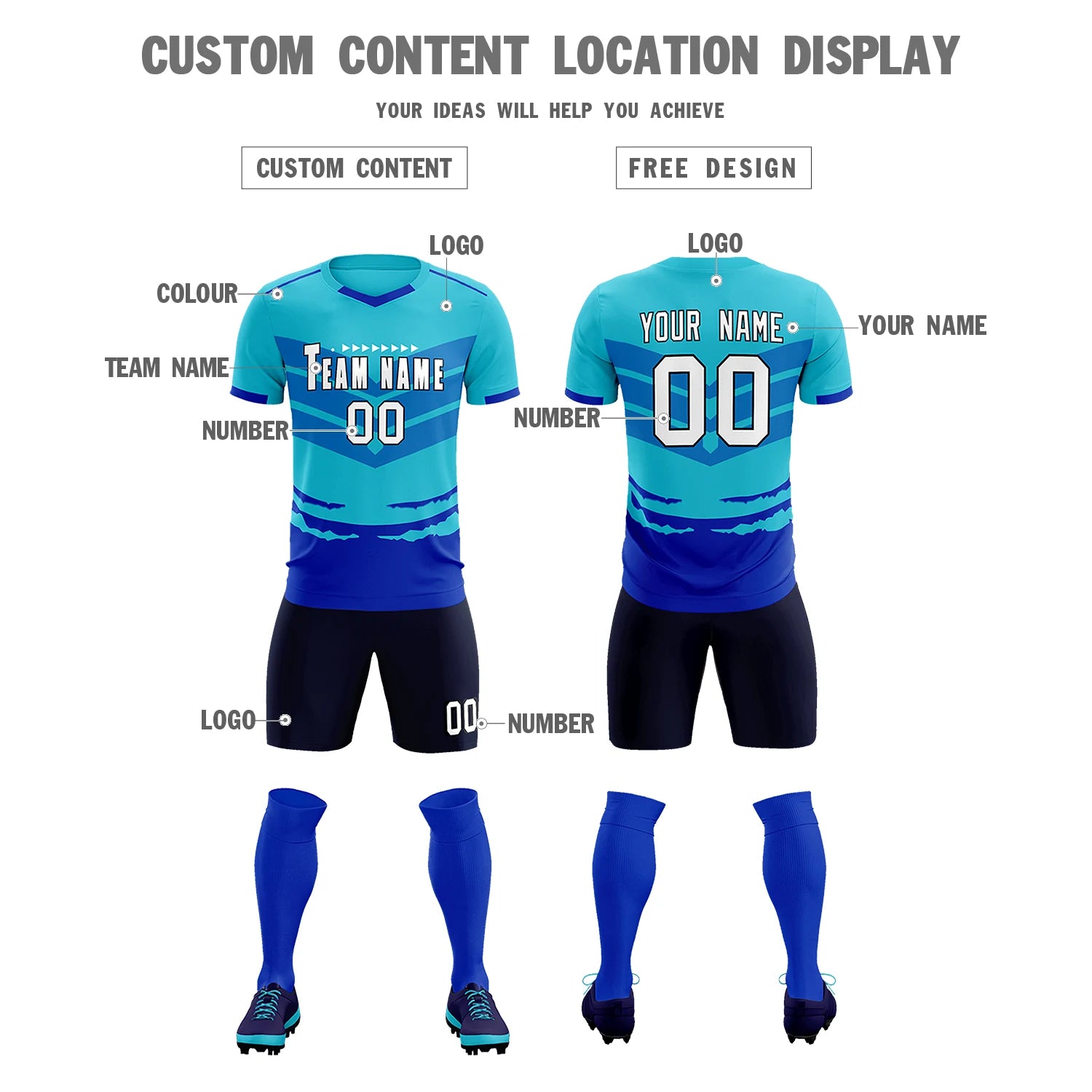 Custom Sky Blue Royal Blue Men Uniform Soccer Sets Jersey