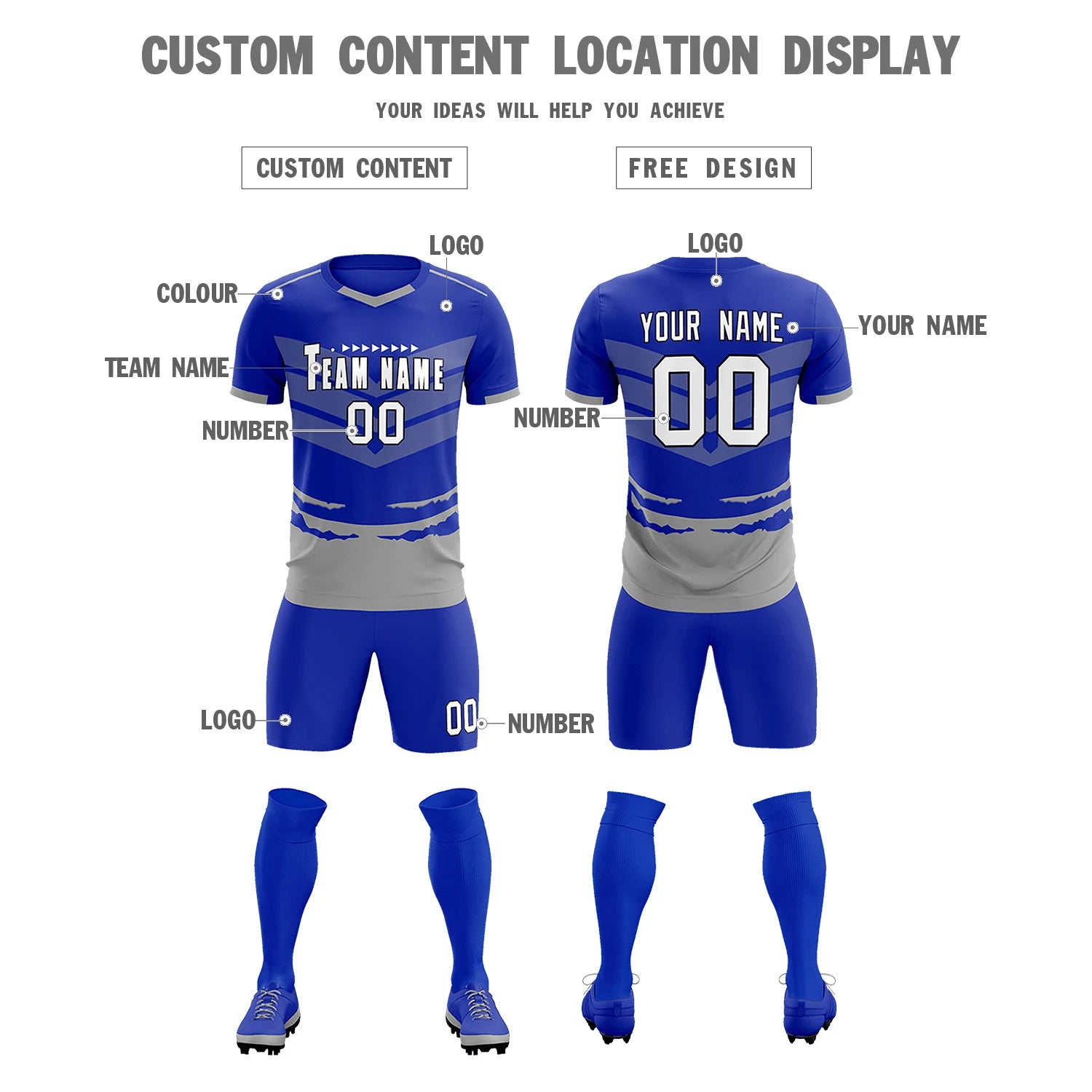 Custom Royal Blue Gray Men Uniform Soccer Sets Jersey