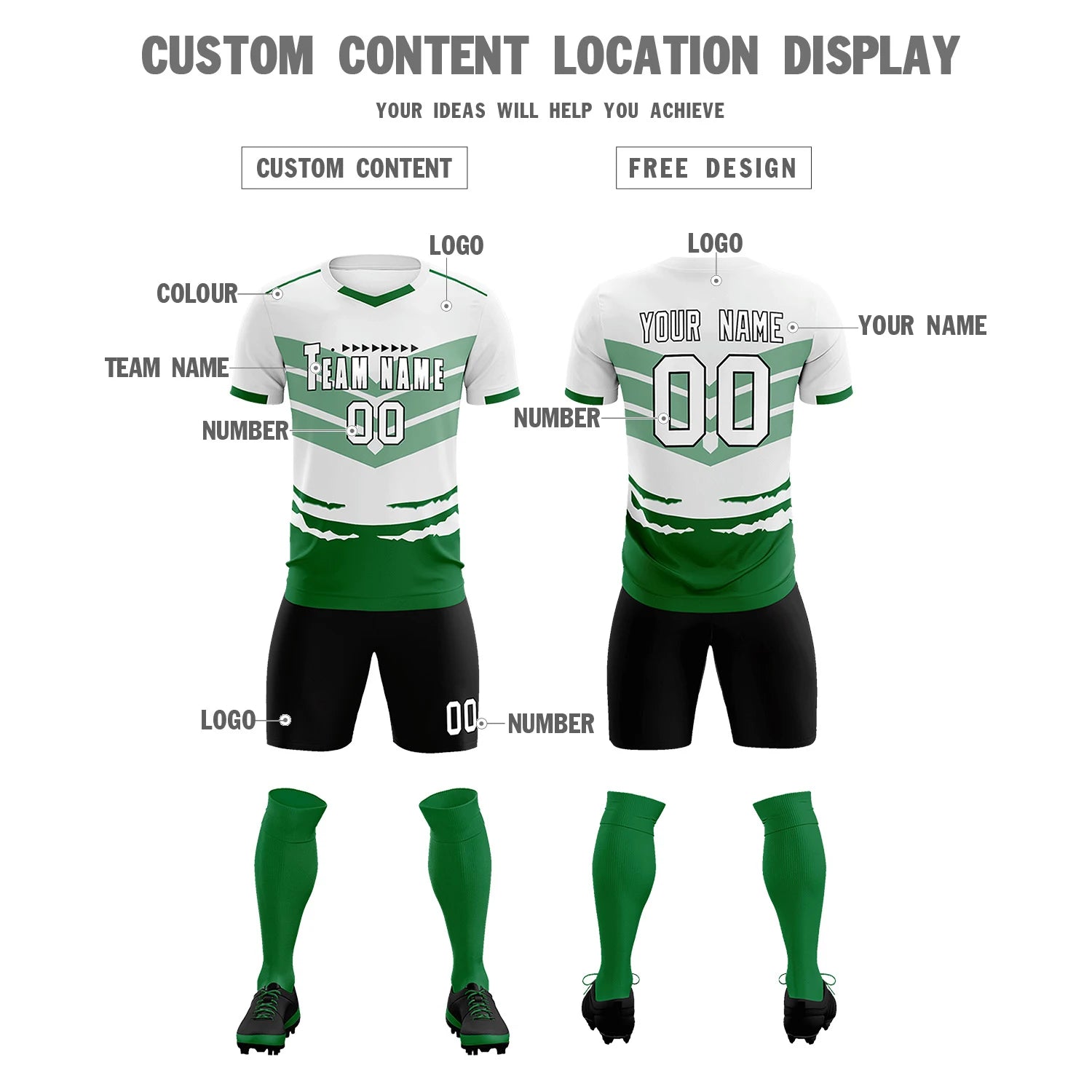 Custom White Kelly Green Men Uniform Soccer Sets Jersey