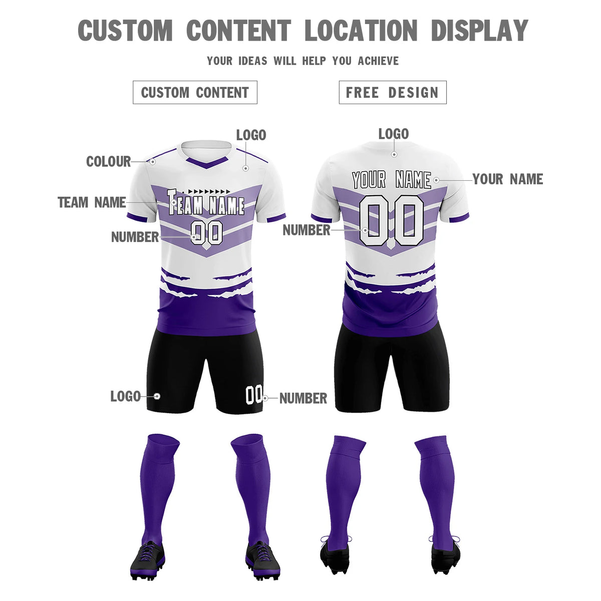 Custom White Purple Men Uniform Soccer Sets Jersey