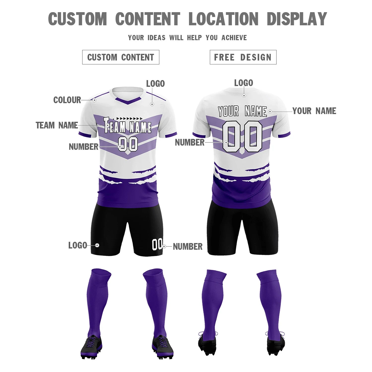 Custom White Purple Men Uniform Soccer Sets Jersey