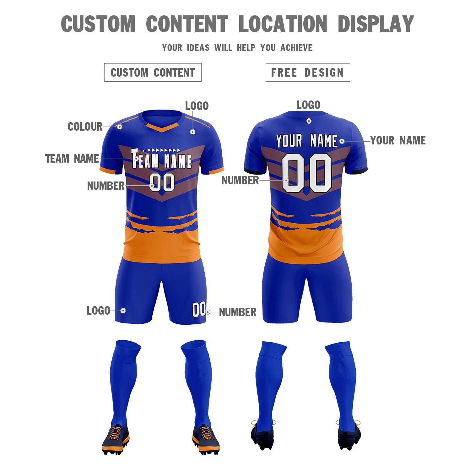 Custom Royal Blue Orange Men Uniform Soccer Sets Jersey