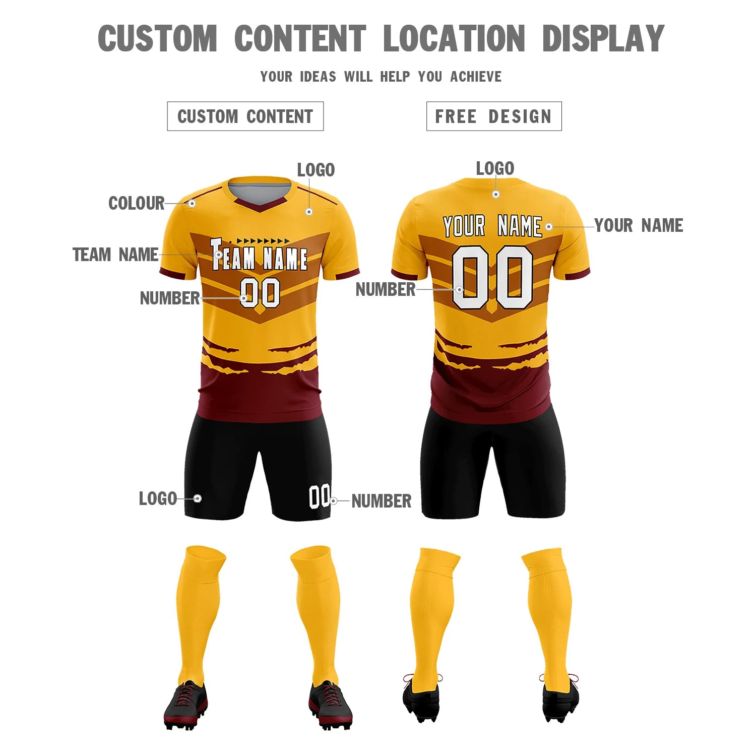 Custom Yellow Crimson Men Uniform Soccer Sets Jersey