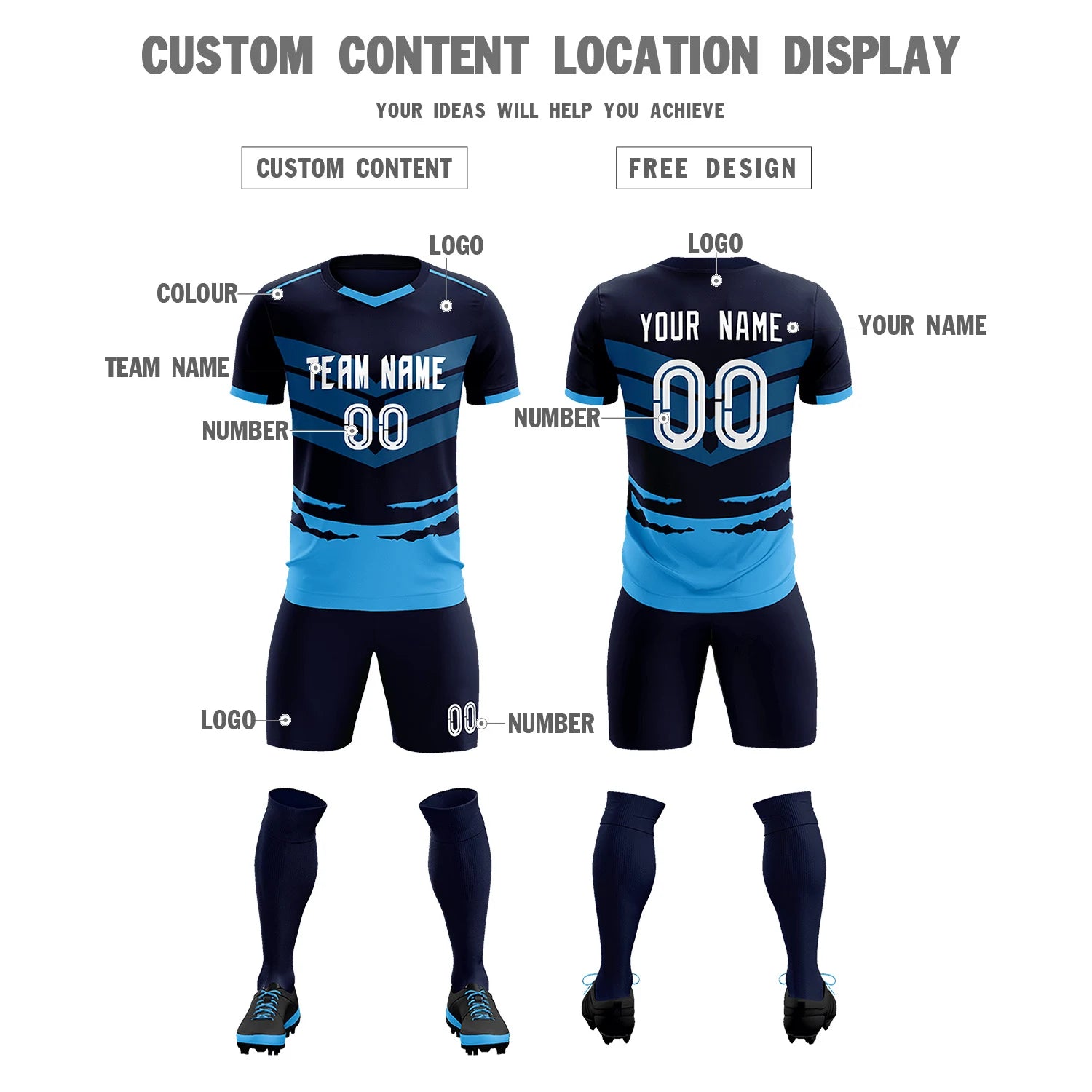 Custom Navy Powder Blue Men Uniform Soccer Sets Jersey