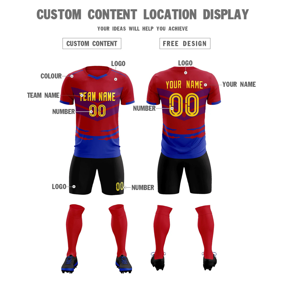 Custom Red Royal Blue Men Uniform Soccer Sets Jersey