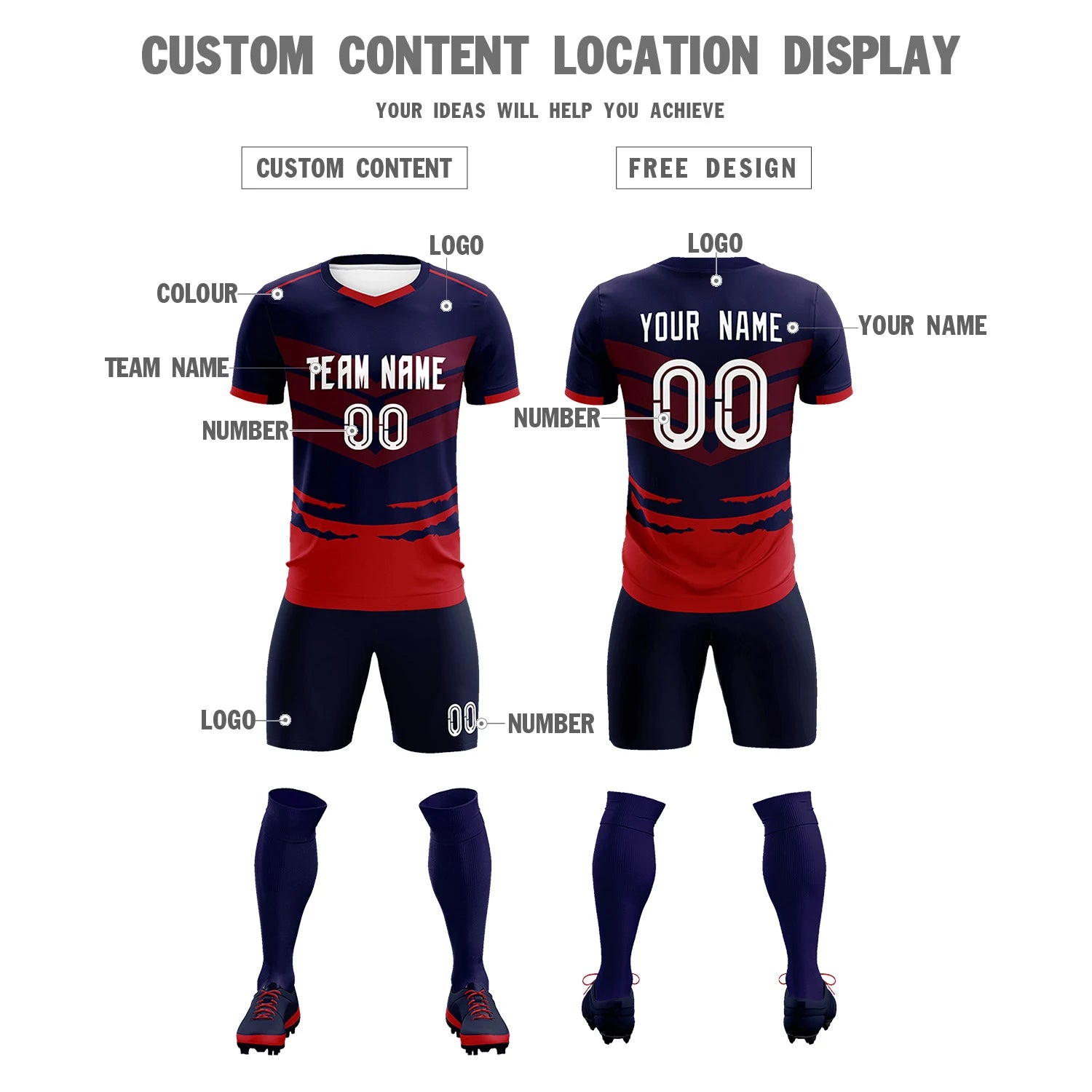 Custom Navy Red Men Uniform Soccer Sets Jersey