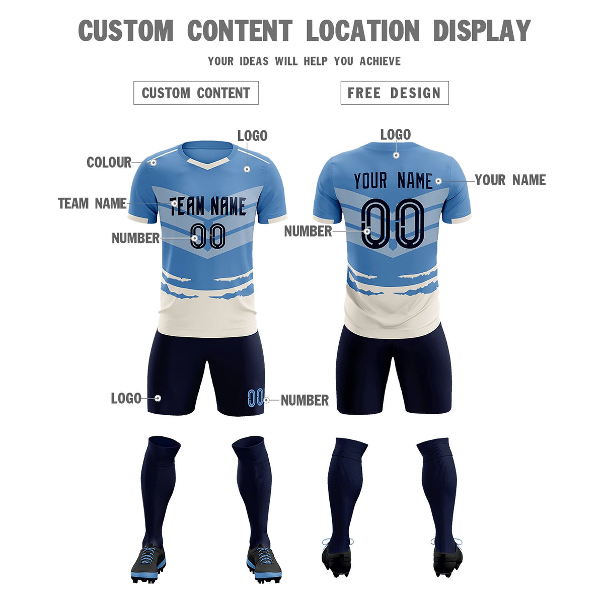 Custom Light Blue Cream Men Uniform Soccer Sets Jersey