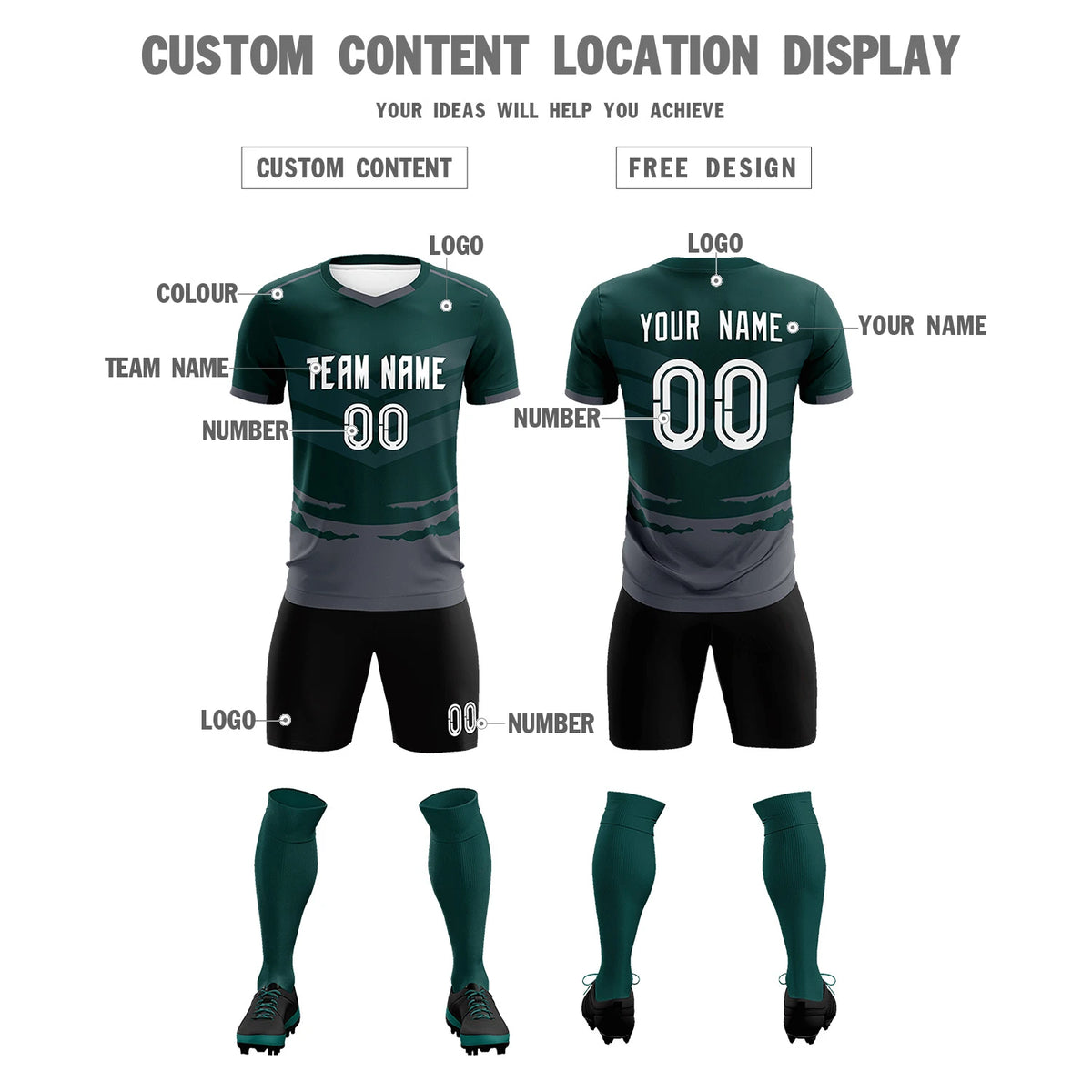 Custom Midnight Green Dark Gray Men Uniform Soccer Sets Jersey