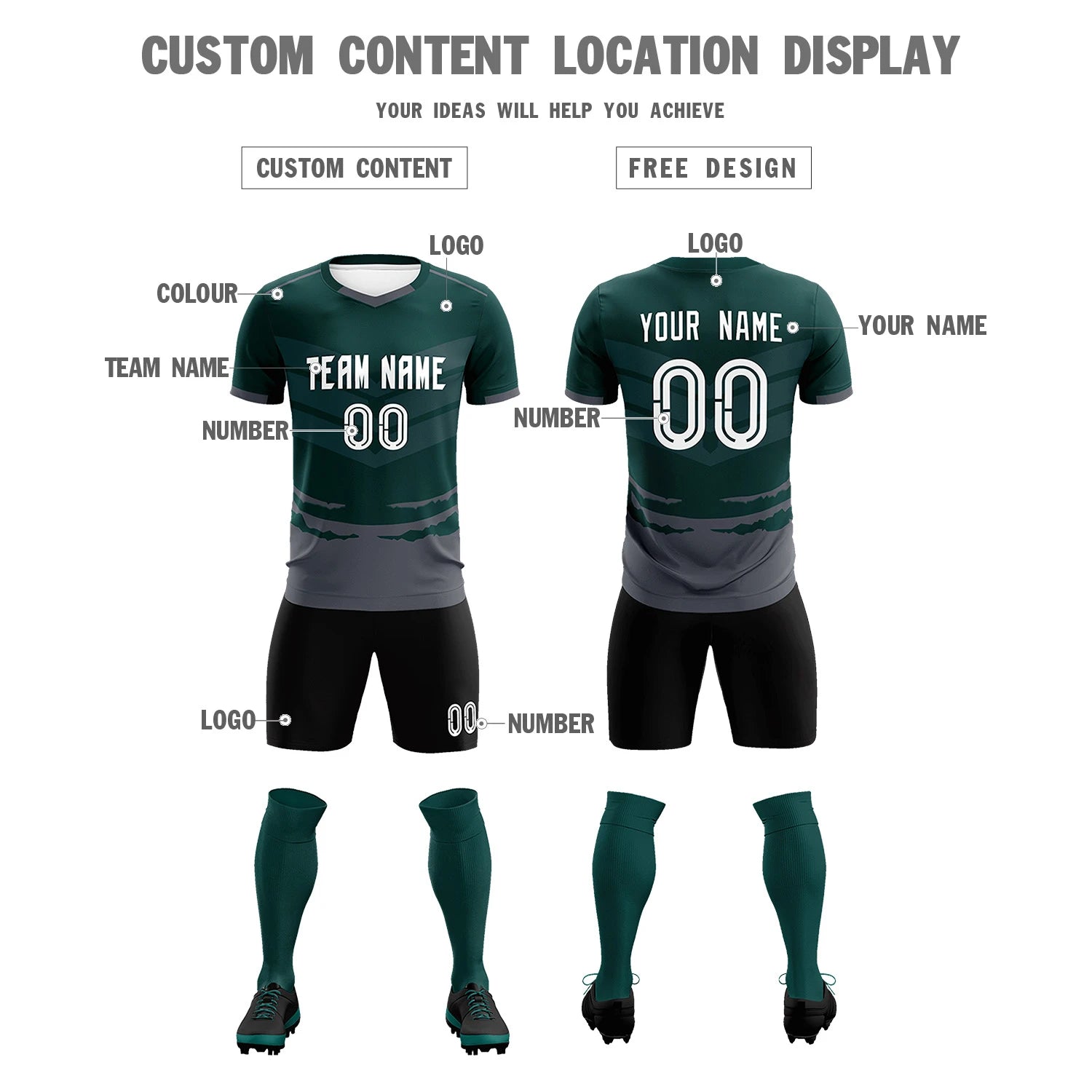 Custom Midnight Green Dark Gray Men Uniform Soccer Sets Jersey