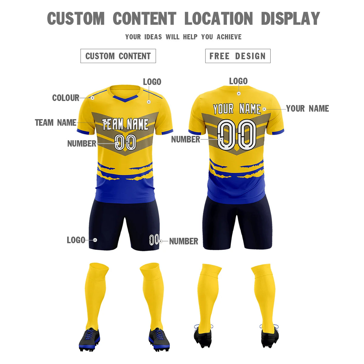 Custom Gold01 Royal Blue Men Uniform Soccer Sets Jersey
