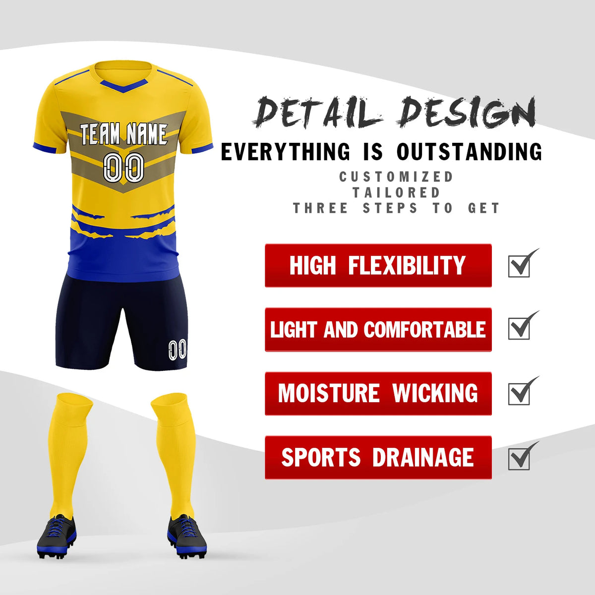 Custom Gold01 Royal Blue Men Uniform Soccer Sets Jersey