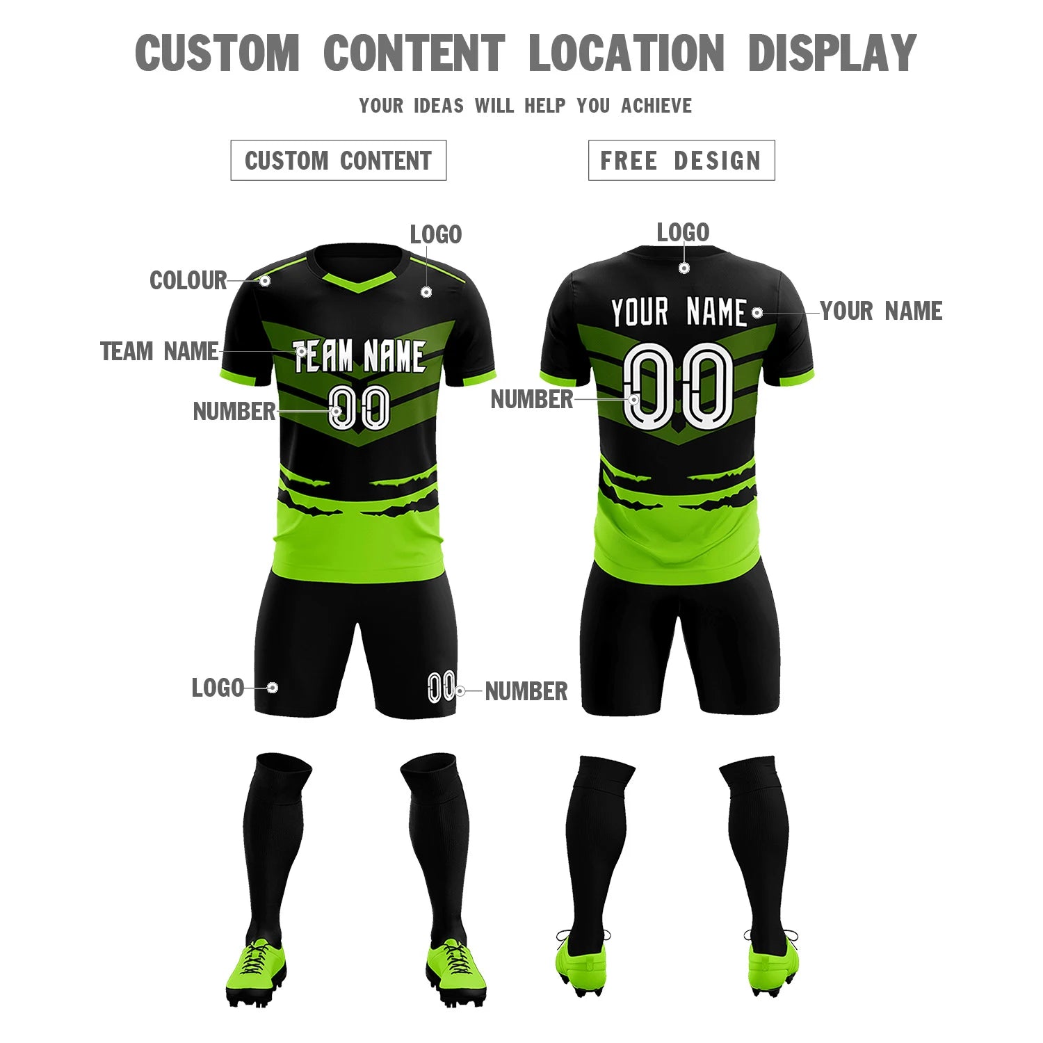 Custom Black Neon Green Men Uniform Soccer Sets Jersey