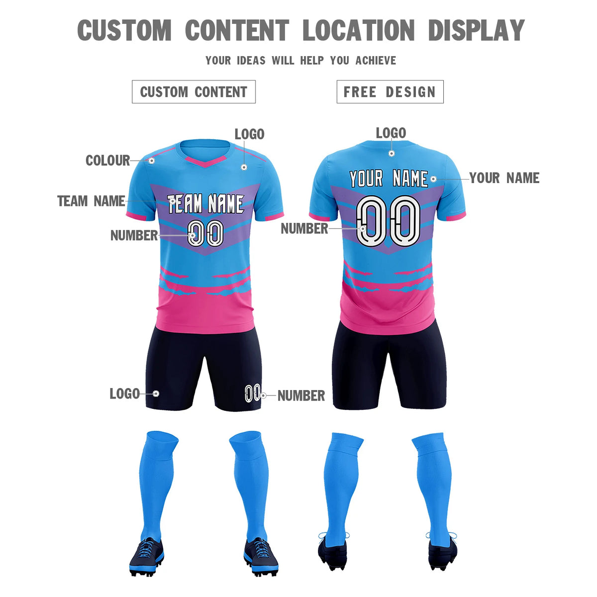 Custom Powder Blue Pink Men Uniform Soccer Sets Jersey