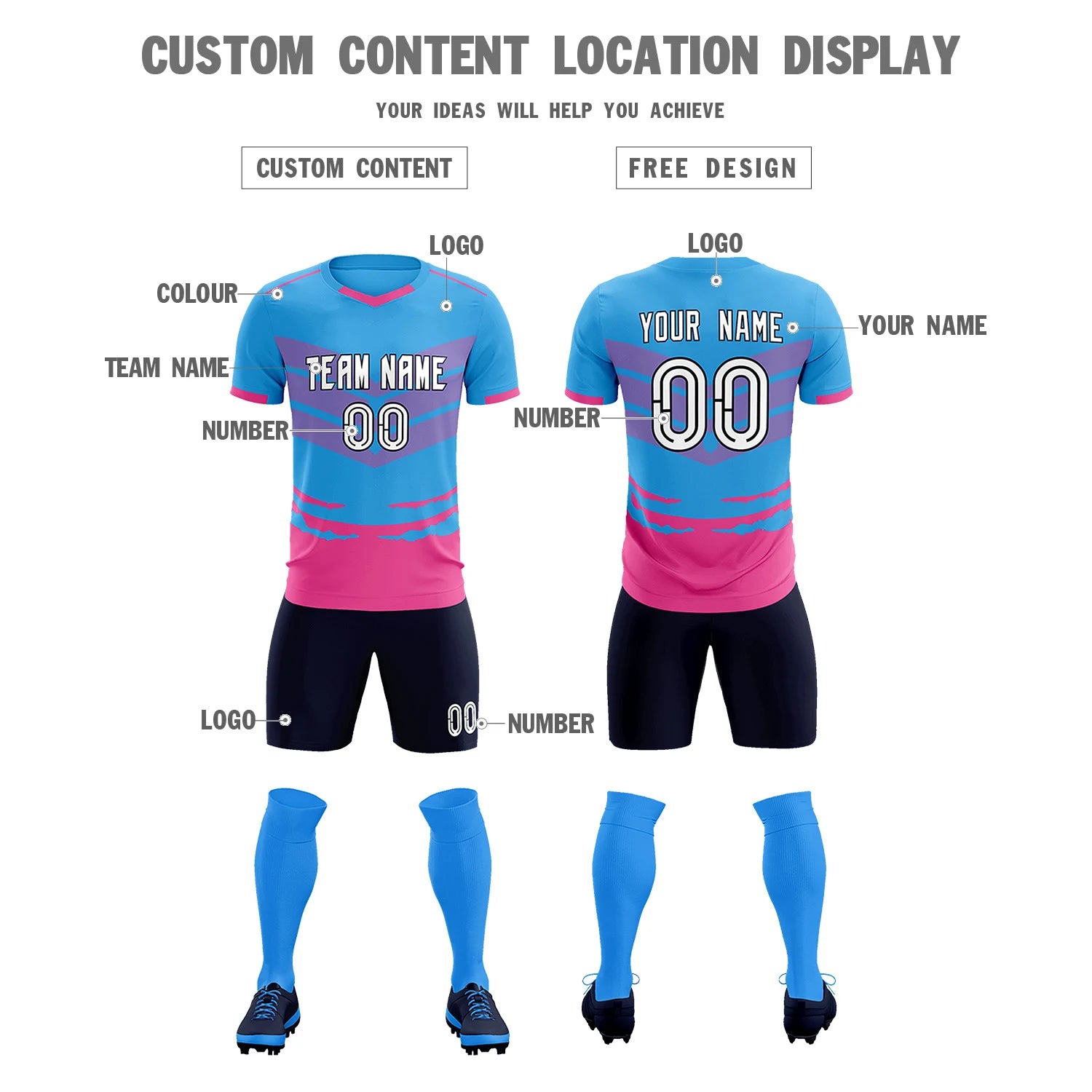 Custom Powder Blue Pink Men Uniform Soccer Sets Jersey