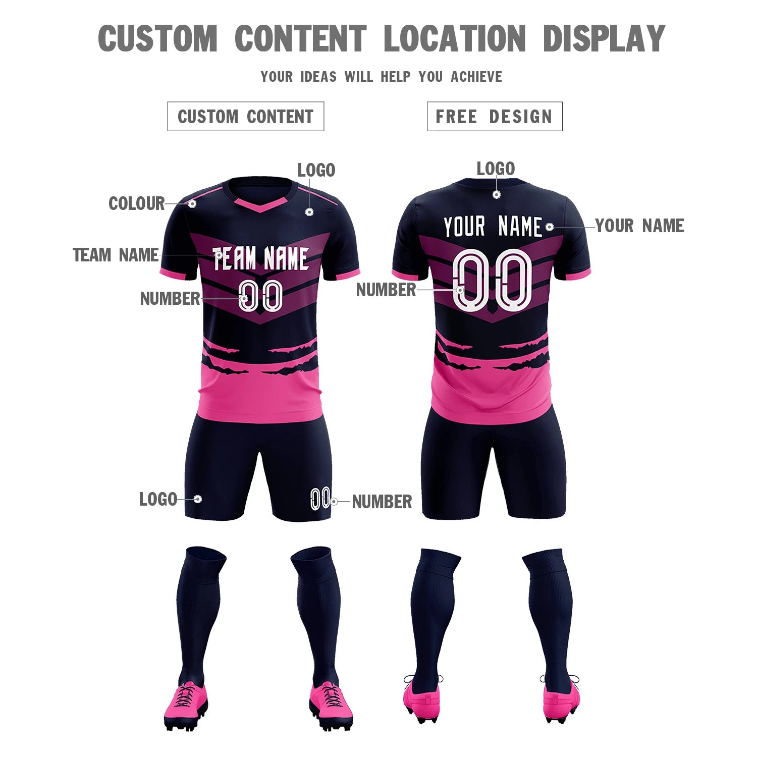 Custom Navy Pink Men Uniform Soccer Sets Jersey