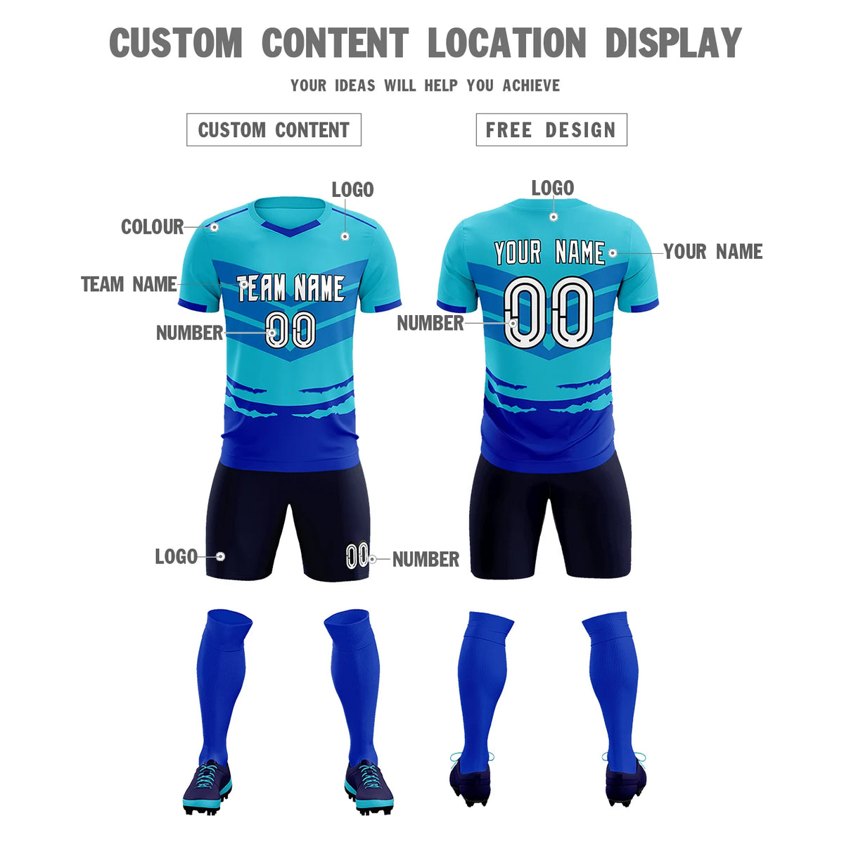 Custom Sky Blue Royal Blue Men Uniform Soccer Sets Jersey
