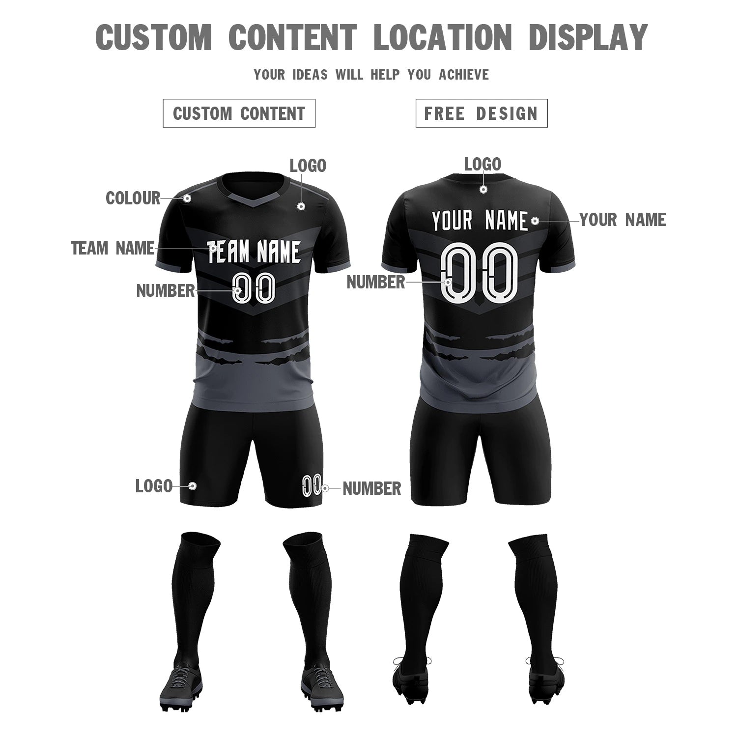 Custom Black Gray Men Uniform Soccer Sets Jersey