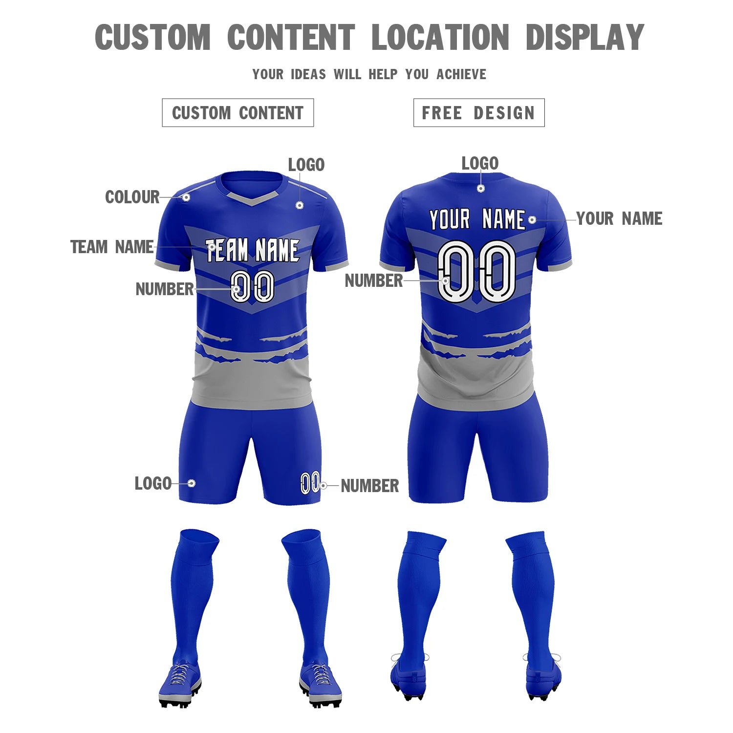 Custom Royal Blue Gray Men Uniform Soccer Sets Jersey