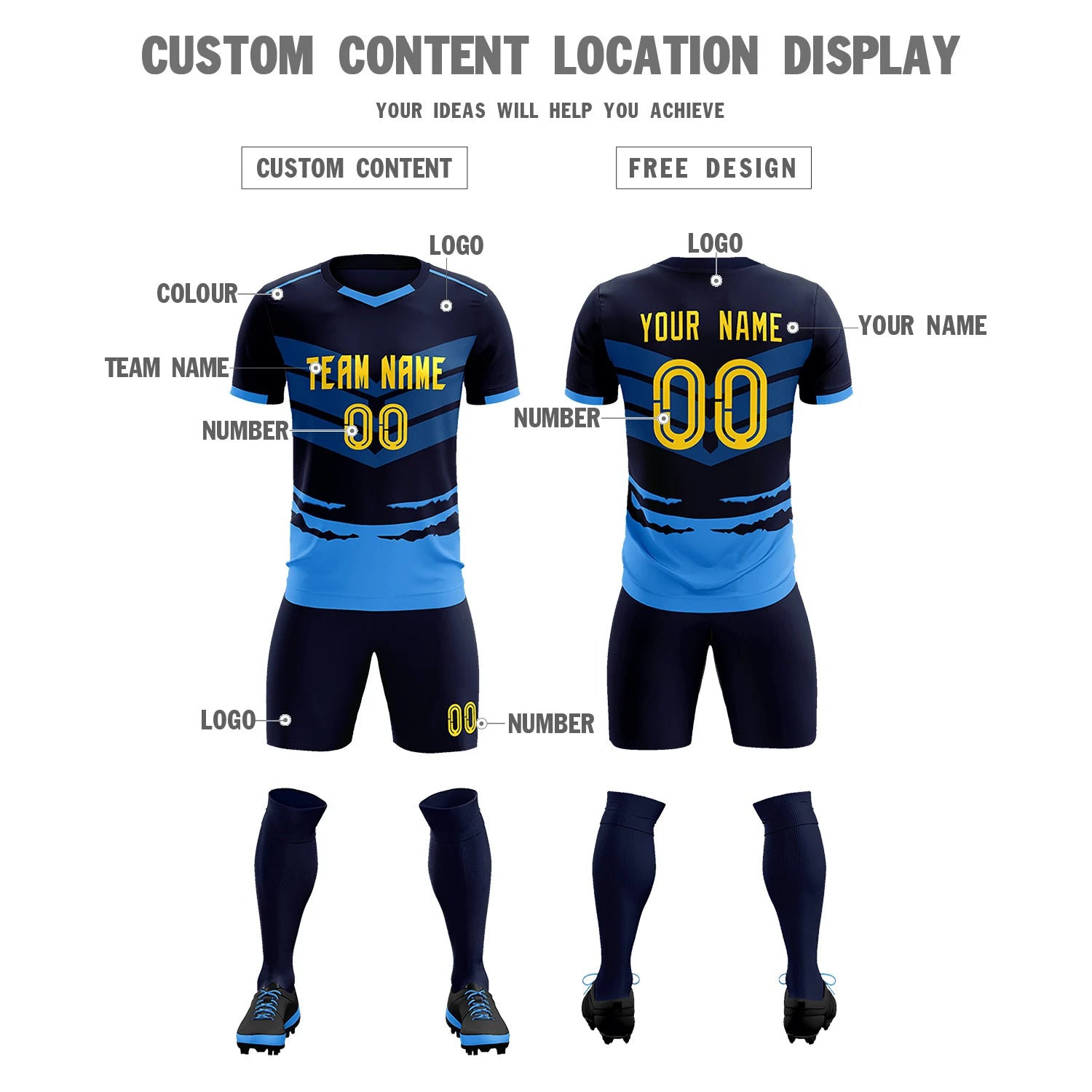 Custom Navy Powder Blue Men Uniform Soccer Sets Jersey