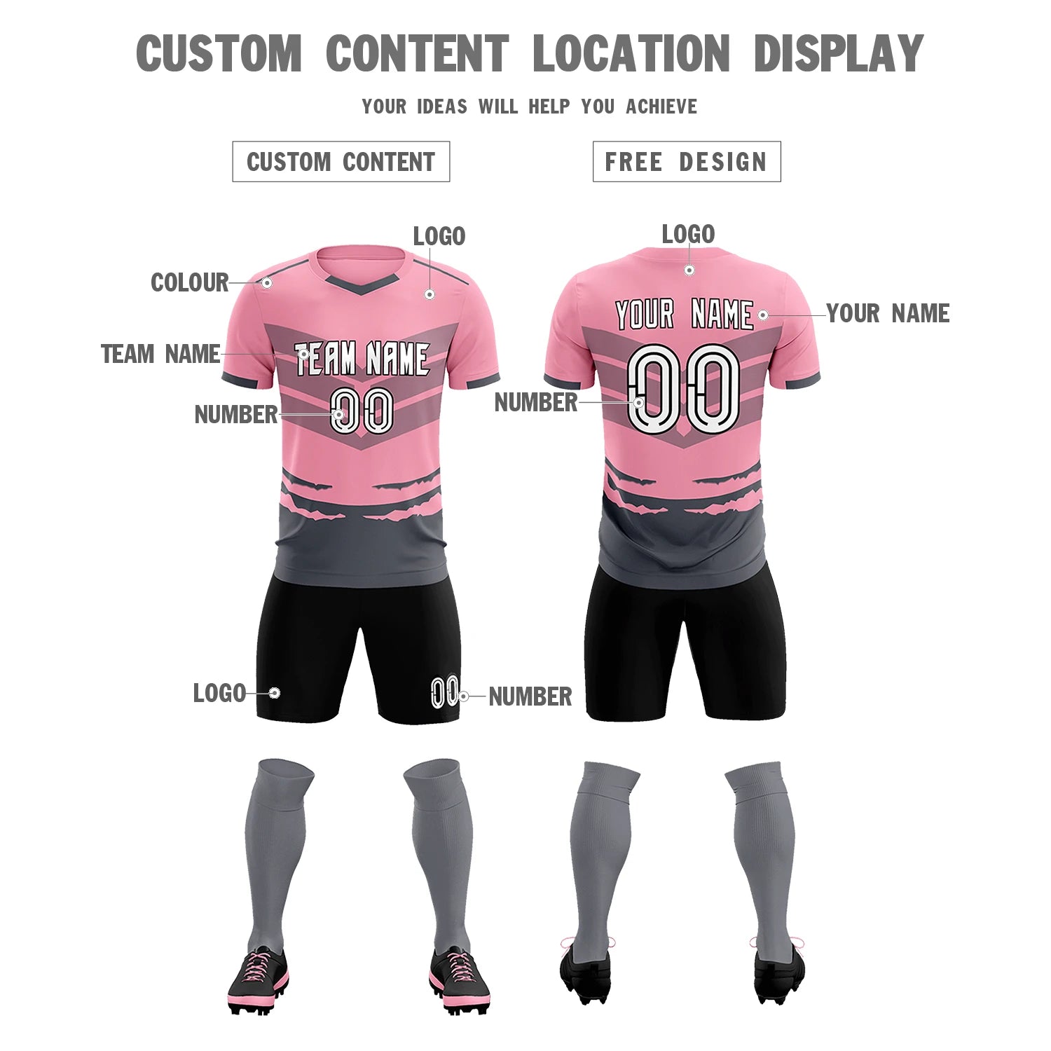 Custom Light Pink Gray Men Uniform Soccer Sets Jersey