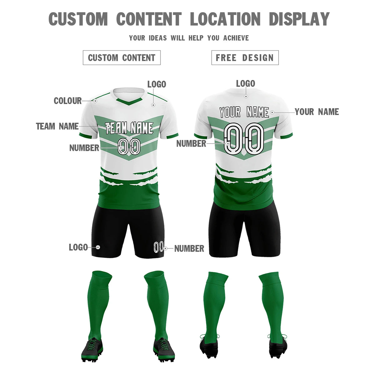 Custom White Kelly Green Men Uniform Soccer Sets Jersey