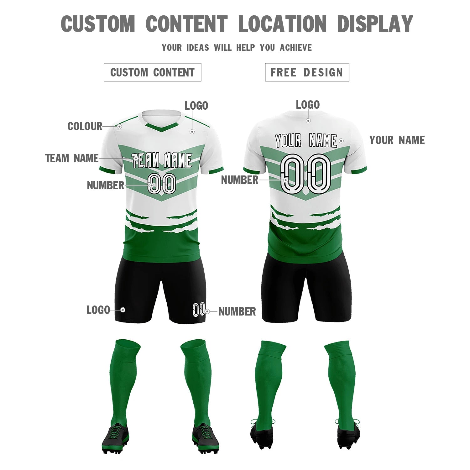 Custom White Kelly Green Men Uniform Soccer Sets Jersey