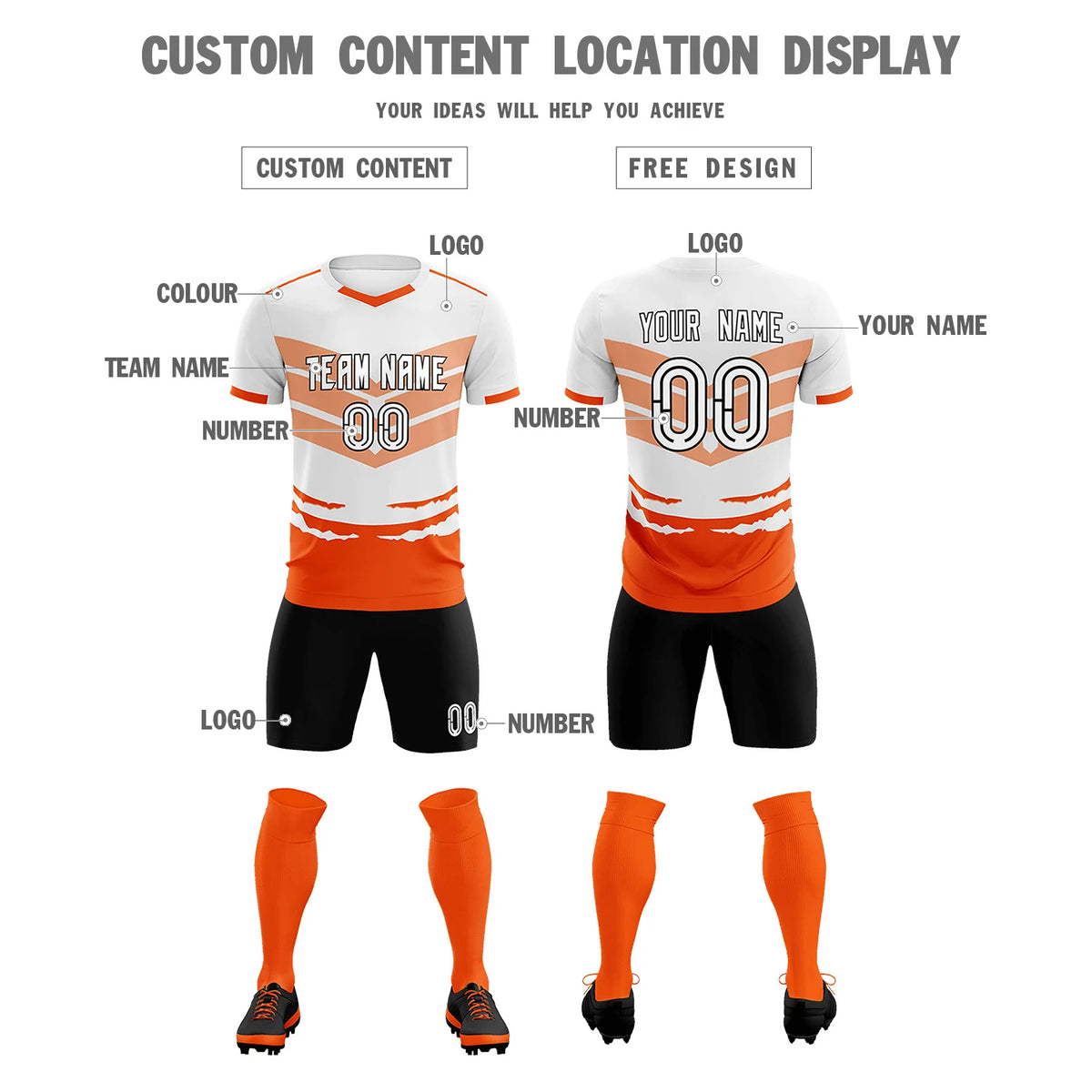 Custom White Orange Men Uniform Soccer Sets Jersey