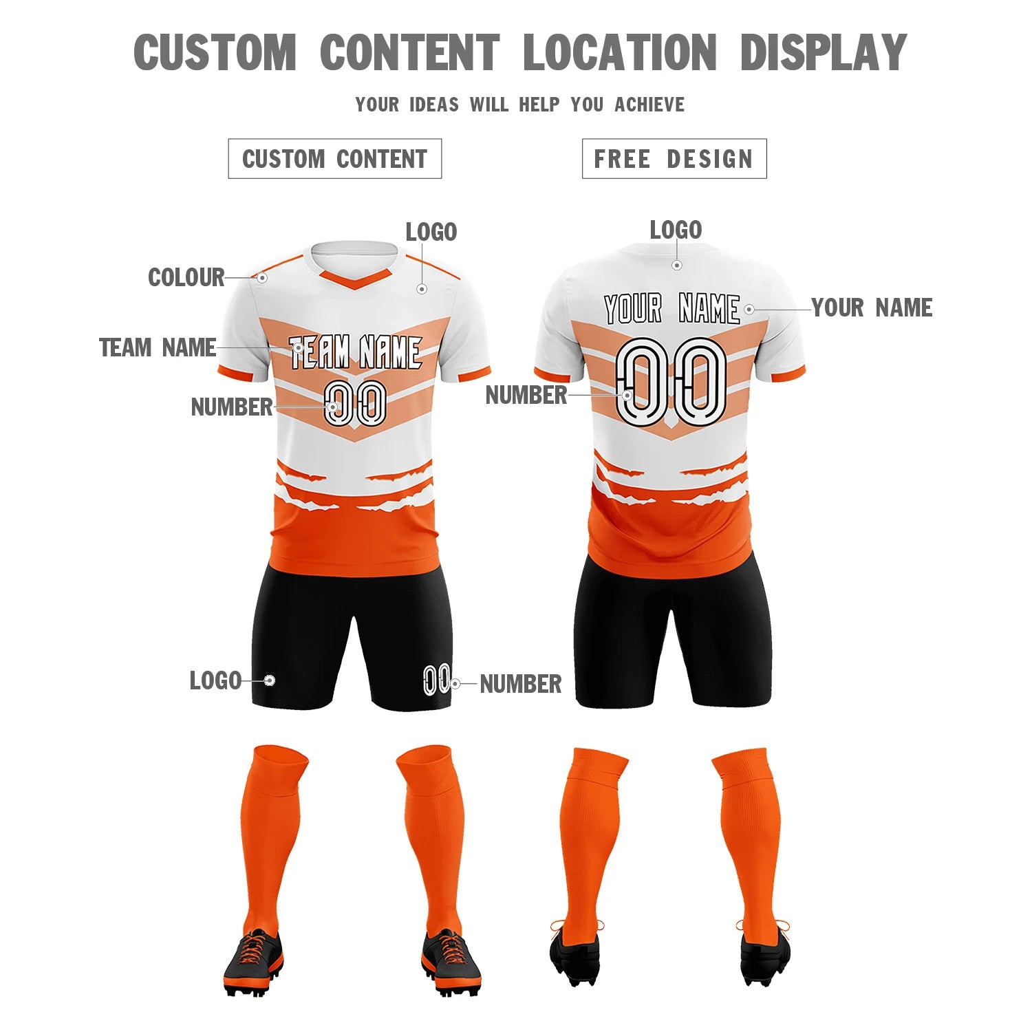 Custom White Orange Men Uniform Soccer Sets Jersey