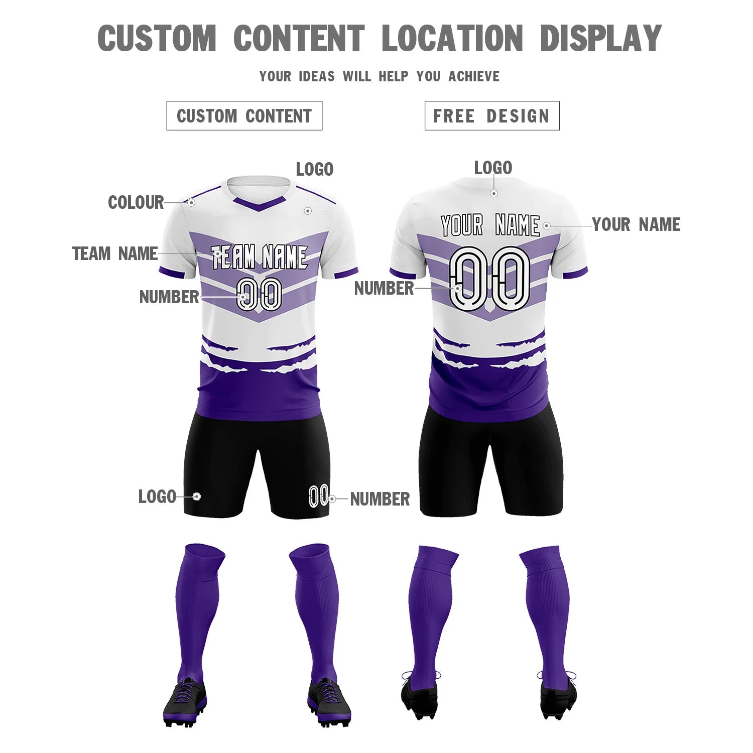 Custom White Purple Men Uniform Soccer Sets Jersey